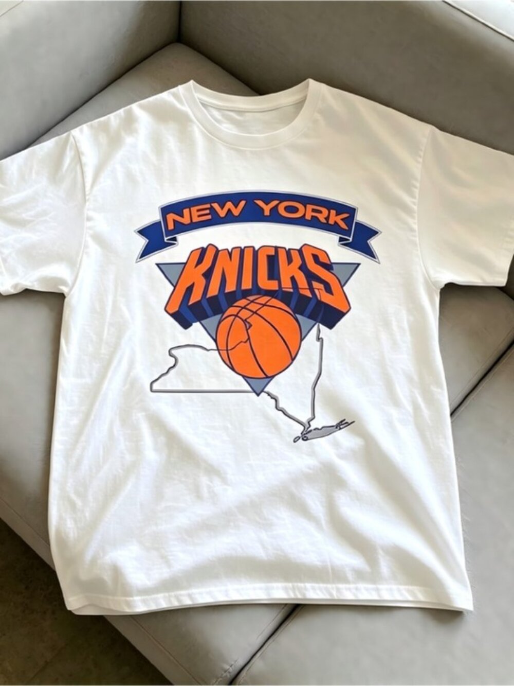 New York Knicks orange basketball graphic white Women Men T-shirt unisex